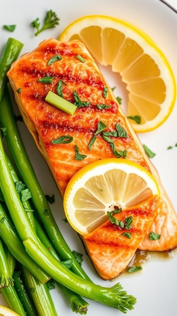 Crispy skin salmon fillet on a white plate with lemon wedges and fresh herbs.